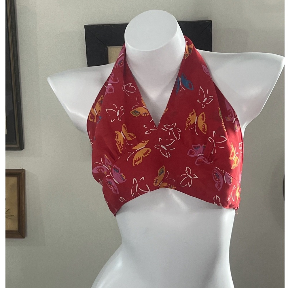MGR Red Butterfly Print Halter Crop Top Sleeveless Size S/M